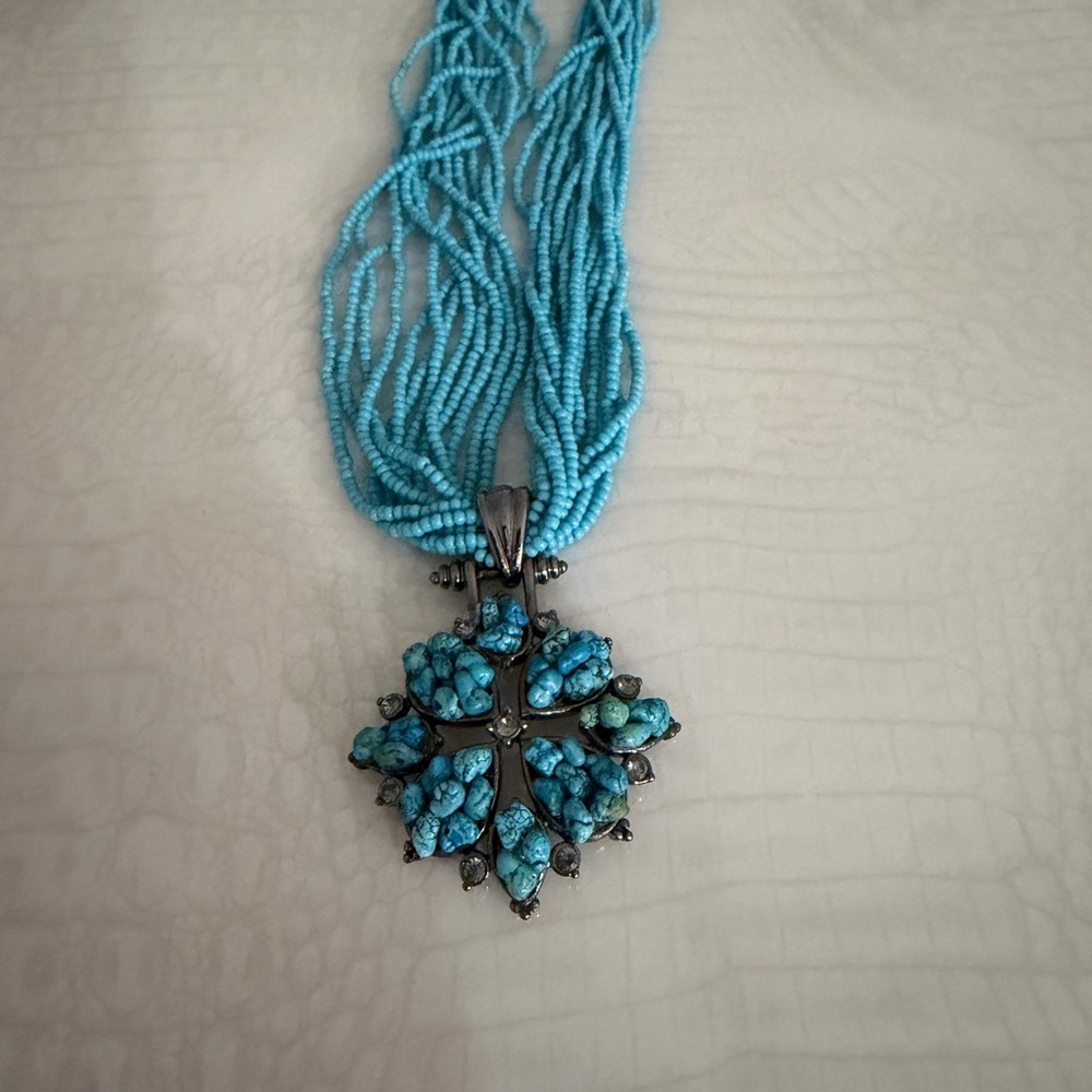 Turquoise Beaded Necklace with Cross Pendant
